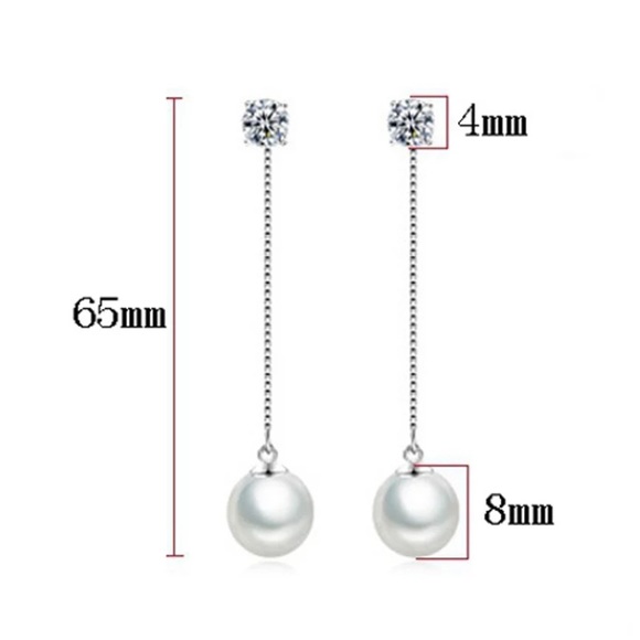 Silver Diamond and pearl long drop earrings trend - Picture 2 of 5